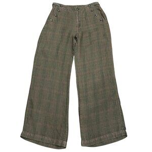 Sundance Coastal Plaid Linen Wide-Leg Sailor Pants, Olive, 6